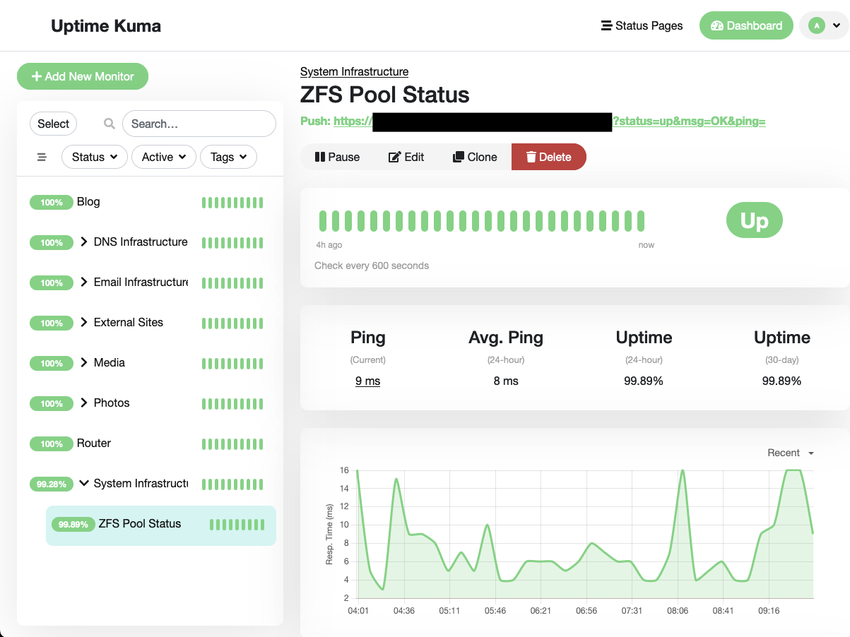 Screenshot of Uptime Kuma showing my ZFS probe